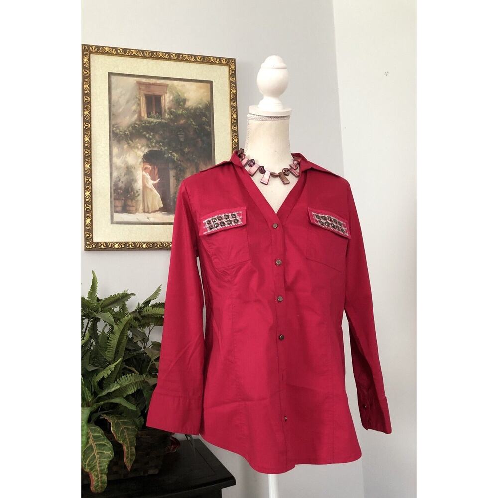 Cato Women Blouse Medium Short Sleeve Collared Pocket Embellished Open Front